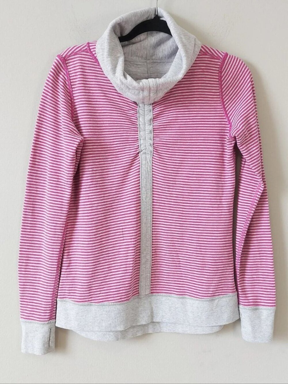 Lululemon Reversible Cozy Funnel Neck Cinch Long Sleeve Top Gray Pink Striped